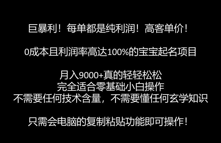 巨暴利，月入9000+的宝宝起名项目，每单都是纯利润，零基础都能躺赚【附软件+视频教程】-创业猫