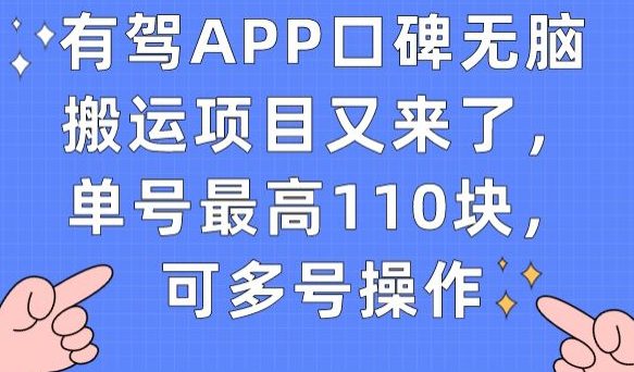 有驾APP口碑无脑搬运项目又来了，单号最高110块，可多号操作-创业猫