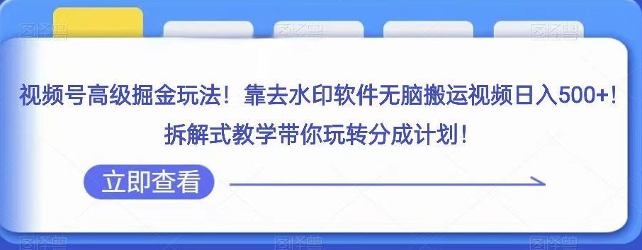 视频号高级掘金玩法，靠去水印软件无脑搬运视频日入500+，拆解式教学带你玩转分成计划【揭秘】-创业猫