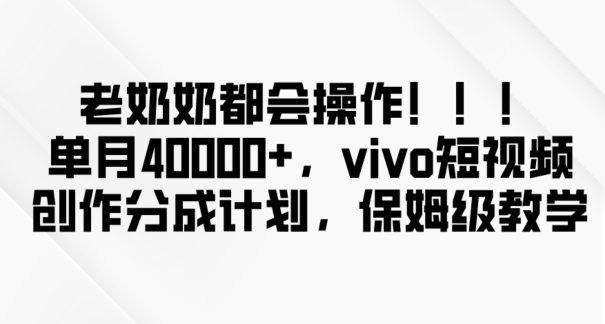 老奶奶都会操作，新平台无脑操作，单月40000+，vivo短视频创作分成计划【揭秘】-创业猫