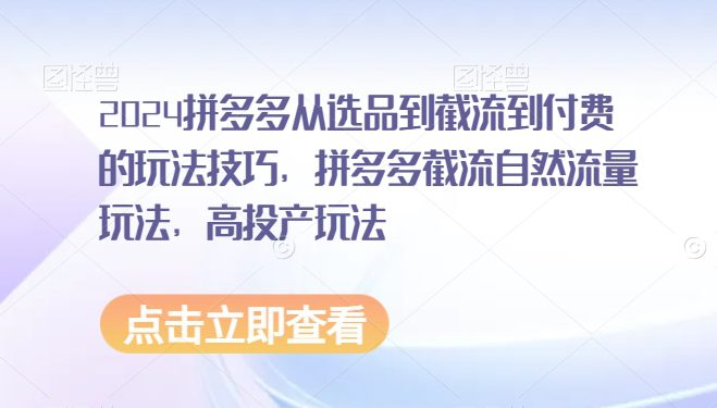 2024拼多多从选品到截流到付费的玩法技巧，拼多多截流自然流量玩法，高投产玩法-创业猫