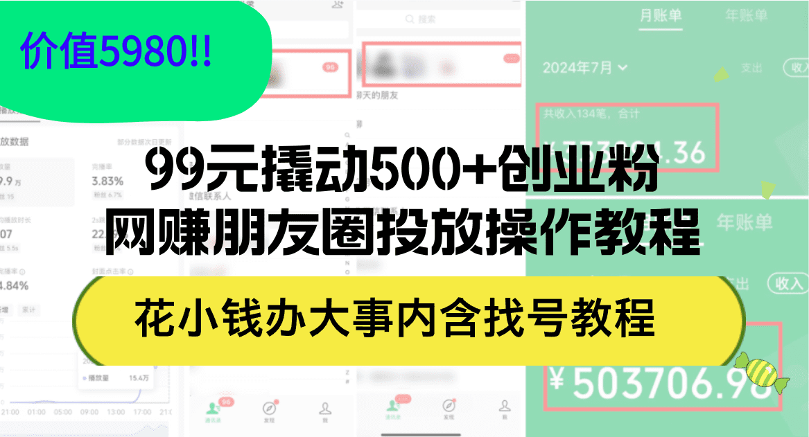 （12431期）99元撬动500+创业粉，网赚朋友圈投放操作教程价值5980！花小钱办大事内…-创业猫