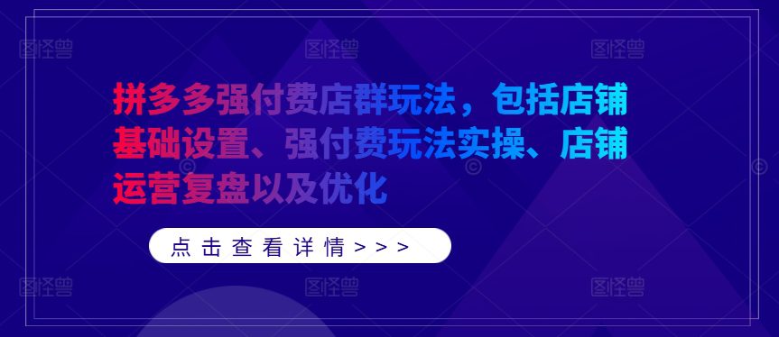 拼多多强付费店群玩法，包括店铺基础设置、强付费玩法实操、店铺运营复盘以及优化-创业猫